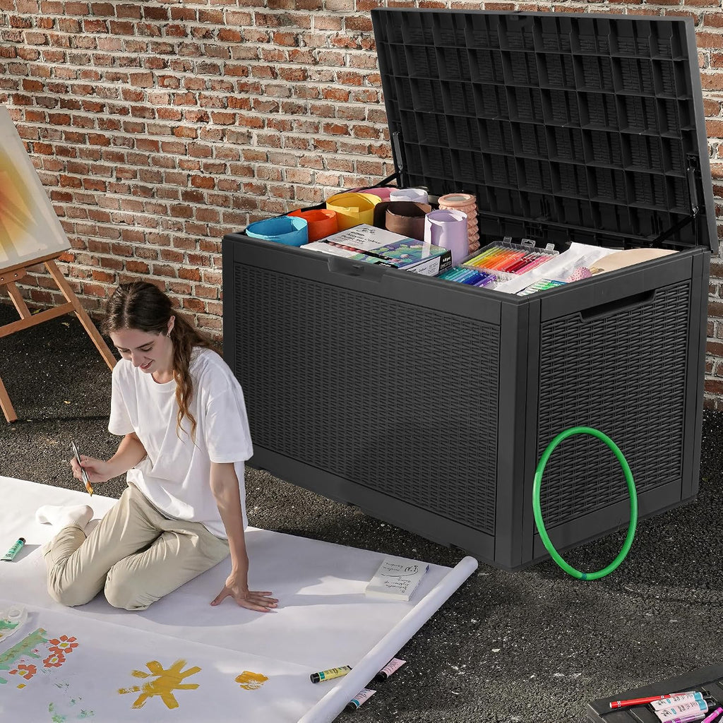 DWVO 100 Gallon Outdoor Storage Box, Lockable Water Resistant Deck Box for Patio, Essentials, Tools, Supplies - Black