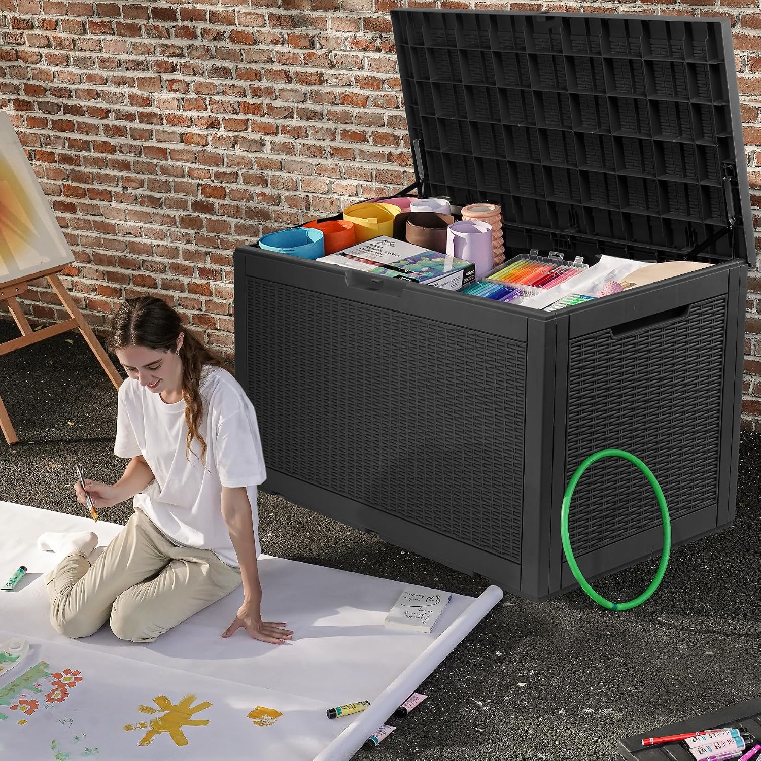 DWVO 100 Gallon Outdoor Storage Box, Lockable Water Resistant Deck Box for Patio, Essentials, Tools, Supplies - Black
