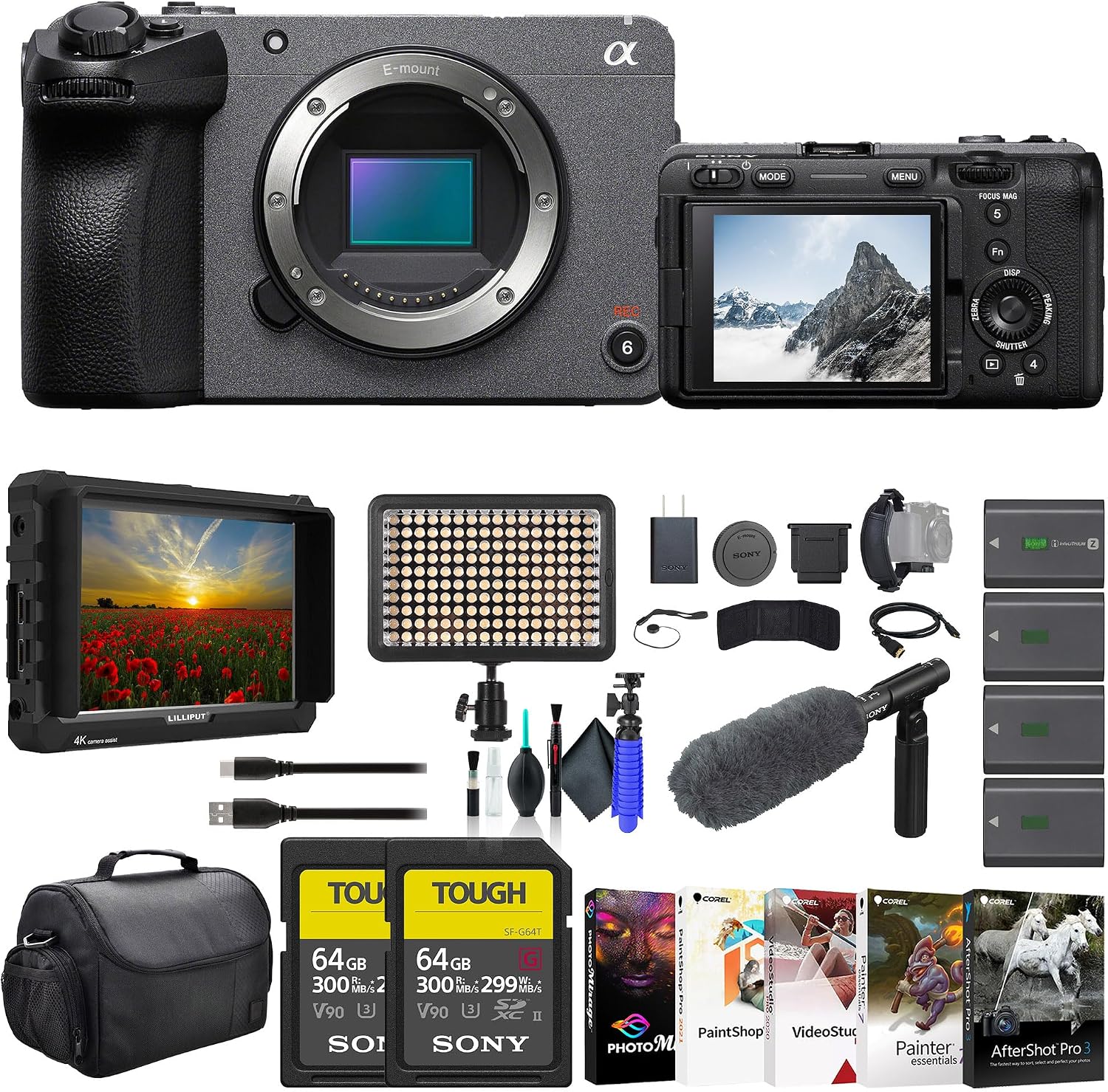Sony FX30 Cinema Line Camera Body (ILME-FX30B) – 26MP APS-C Sensor | 4K Super 35 Recording | 4K Monitor, 2 x 64GB SF-G Tough Card, Pro Mic, Bag, 3 x NP-FZ100 Compatible Battery and More