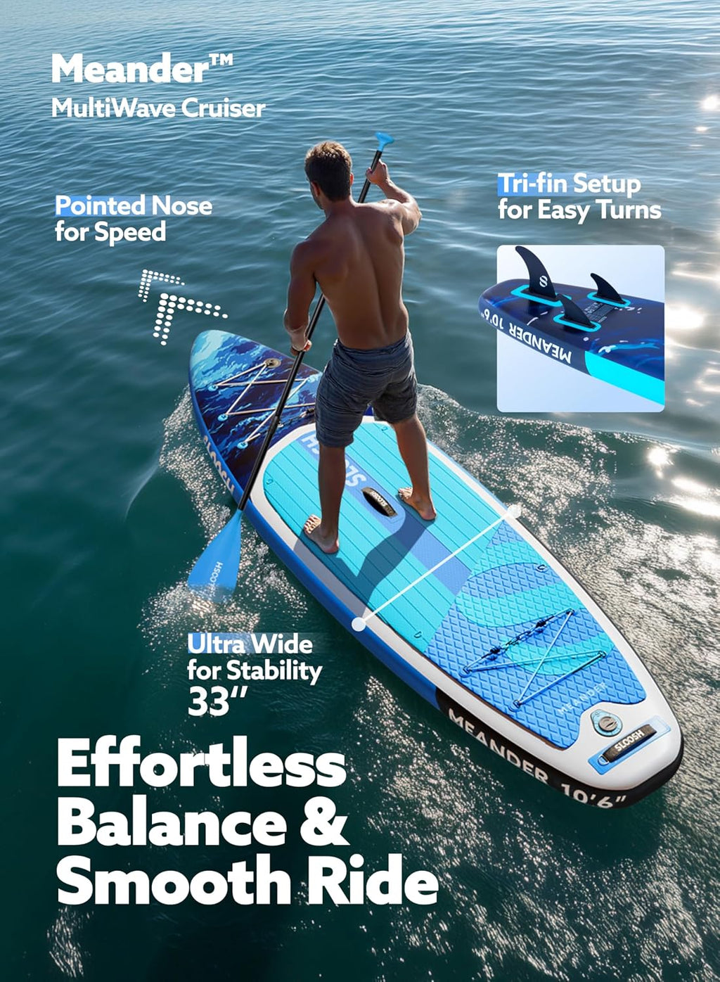SLOOSH Inflatable Stand Up Paddle Board, 10'6' Inflatable Paddle Boards with Premium Accessories, Non-Slip EVA Deck, Ultra-Light Carry Bag Pump, Meander SUP for Youth & Adults
