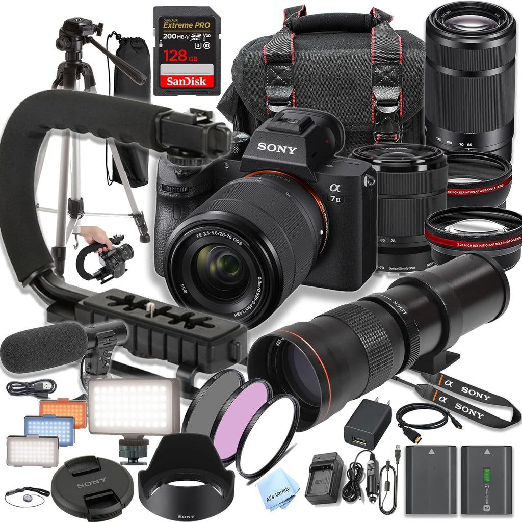 Sony A7 III with 28-70mm + 55-210mm Lenses + 420-800mm Lens +128GB Extreme Speed Card, U-Grip, Microphone, LED Video Light, Spare Battery, Filter Kit, More (Extreme Pro-Bundle), Black (Renewed)