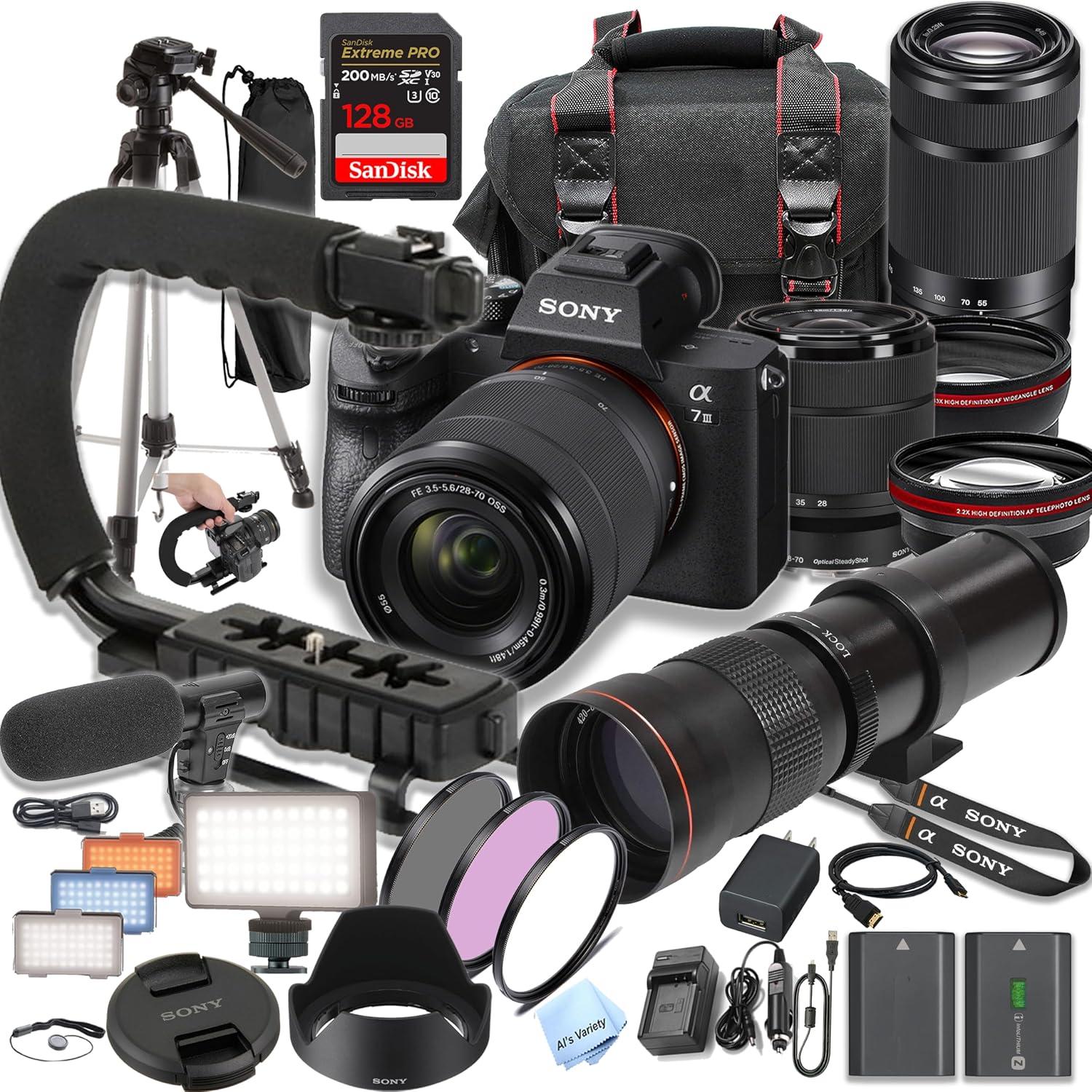Sony A7 III with 28-70mm + 55-210mm Lenses + 420-800mm Lens +128GB Extreme Speed Card, U-Grip, Microphone, LED Video Light, Spare Battery, Filter Kit, More (Extreme Pro-Bundle), Black (Renewed)