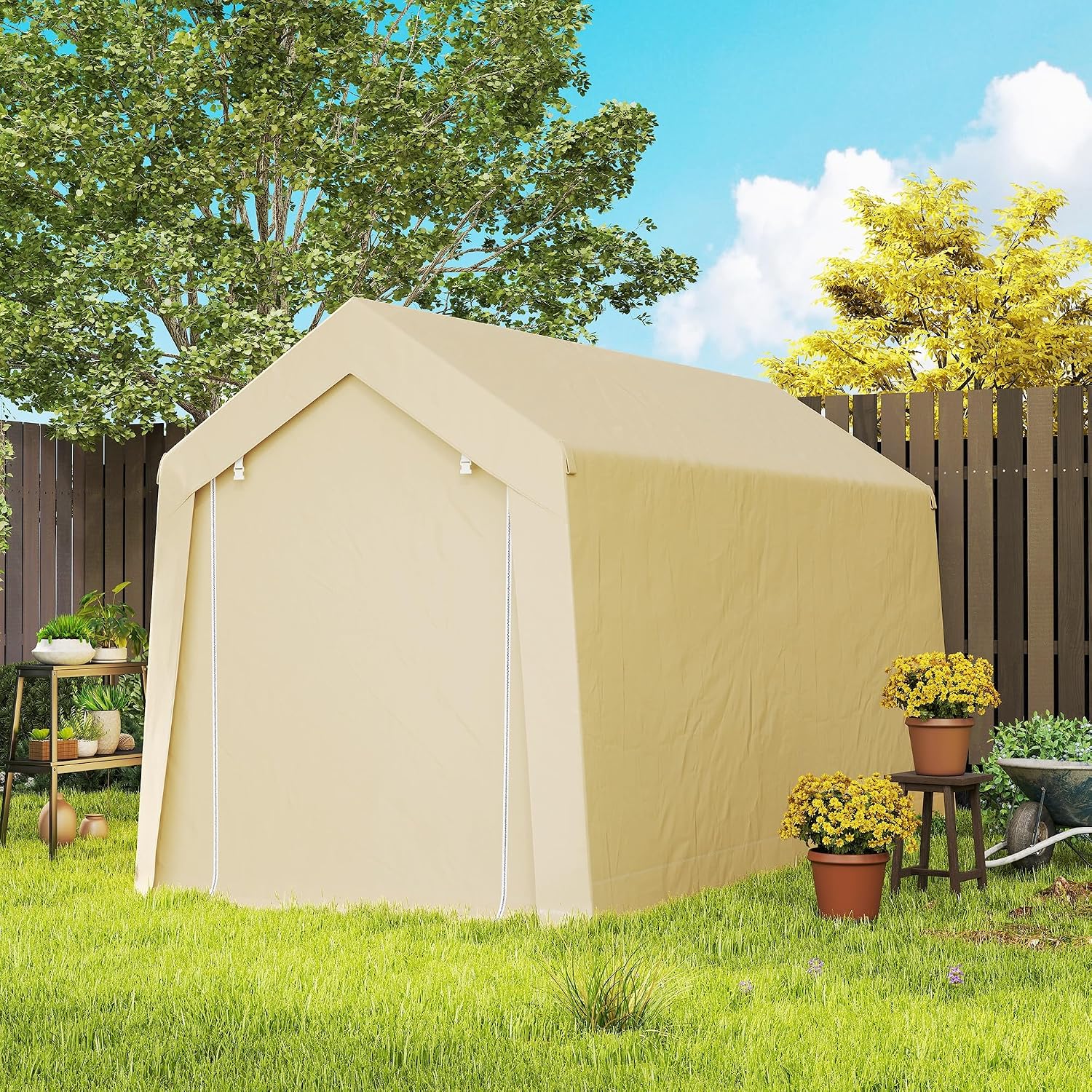 Outsunny 7' x 12' Portable Storage Shed Shelter, Heavy Duty Outdoor Shed, Waterproof Garden Storage Tent with Ventilation Window and Roll-up Zipper Door for Bike, Motorcycle, Garden Tools, Beige