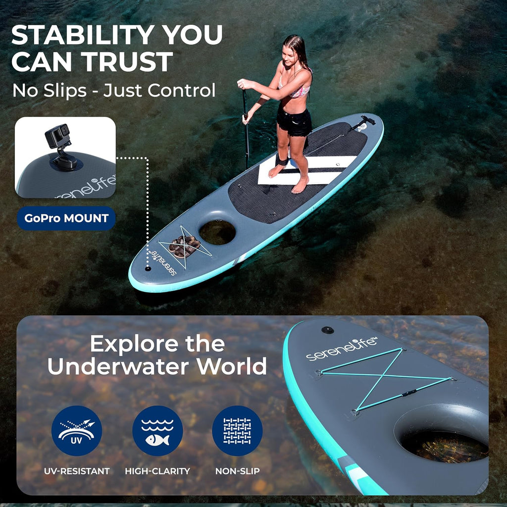 SereneLife 10'6' Inflatable Stand-Up Paddle Board with Window - 32' Wide Stable Design with Non-Slip EVA Deck Pad, Premium SUP Accessories and GoPro Mount, for Youth and Adults, 350 lbs. Capacity