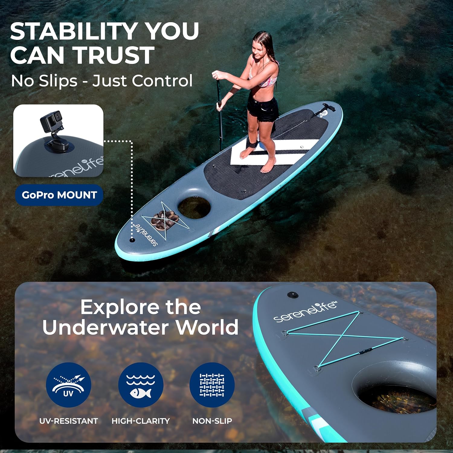 SereneLife 10'6' Inflatable Stand-Up Paddle Board with Window - 32' Wide Stable Design with Non-Slip EVA Deck Pad, Premium SUP Accessories and GoPro Mount, for Youth and Adults, 350 lbs. Capacity