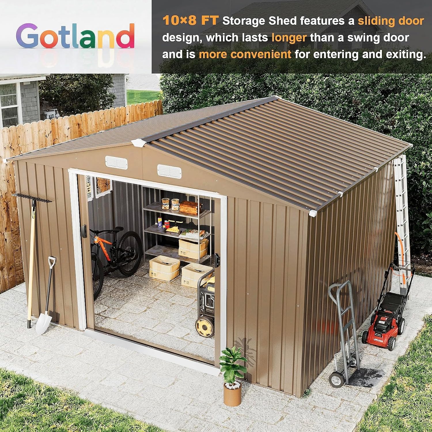 Gotland 10FT x 8FT Sheds & Outdoor Storage, Storage Shed with 1 Large Window Sloped Step, Metal Shed with 2 Lockable Slide Doors Air Vents, Outdoor Shed for Backyard Patio Lawn Brown