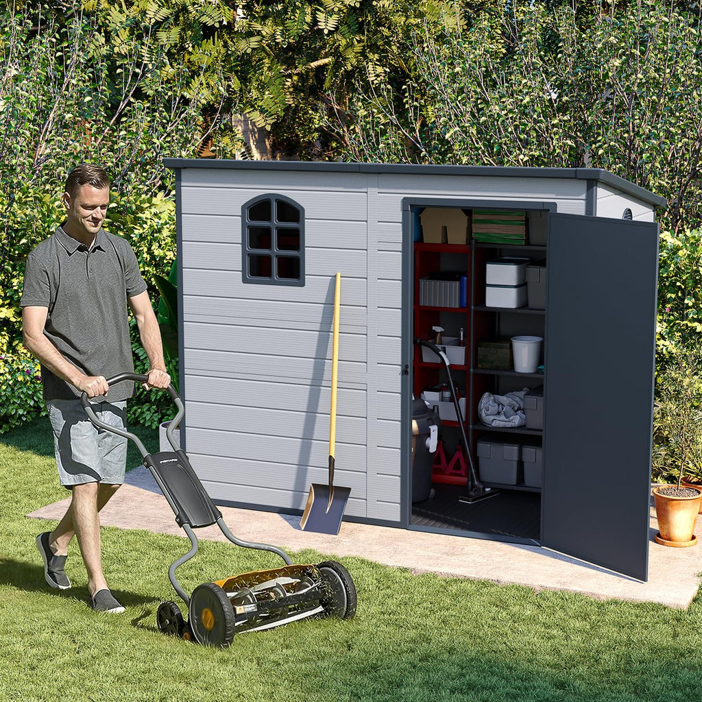 Storage shed 8.1x4.7 ft, Lean to Resin Shed, Storage Sheds Outdoor with Floor, Outdoor Sheds Garden Tools Bike Shed, Garden Sheds & Outdoor Storage Sloping Roof, Lockable Door, Window for Lawn, Patio