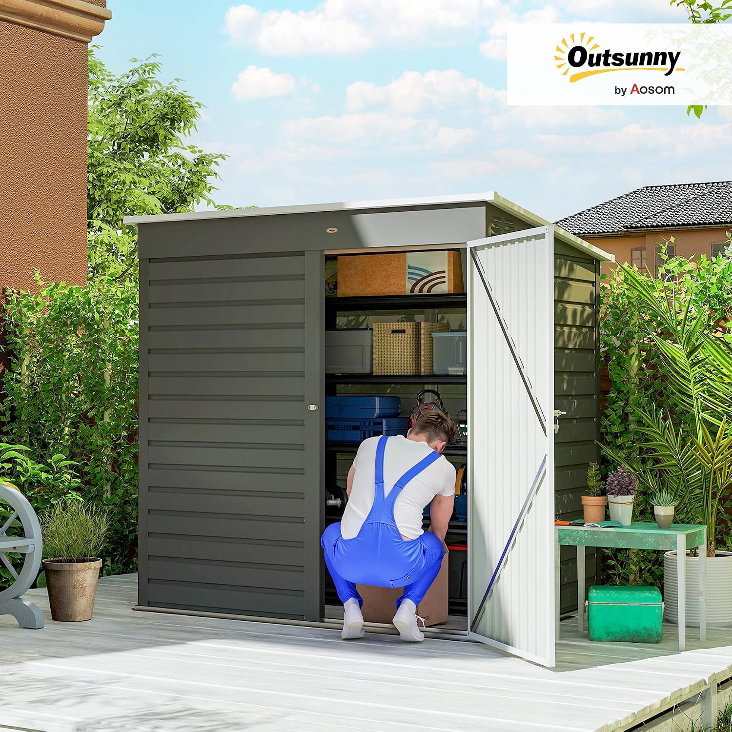Outsunny 6' x 4' Outdoor Storage Shed, Easy to Assemble, Metal Garden Tool Shed with Lockable Door and Gloves for Backyard Garden Patio Lawn, Light Gray