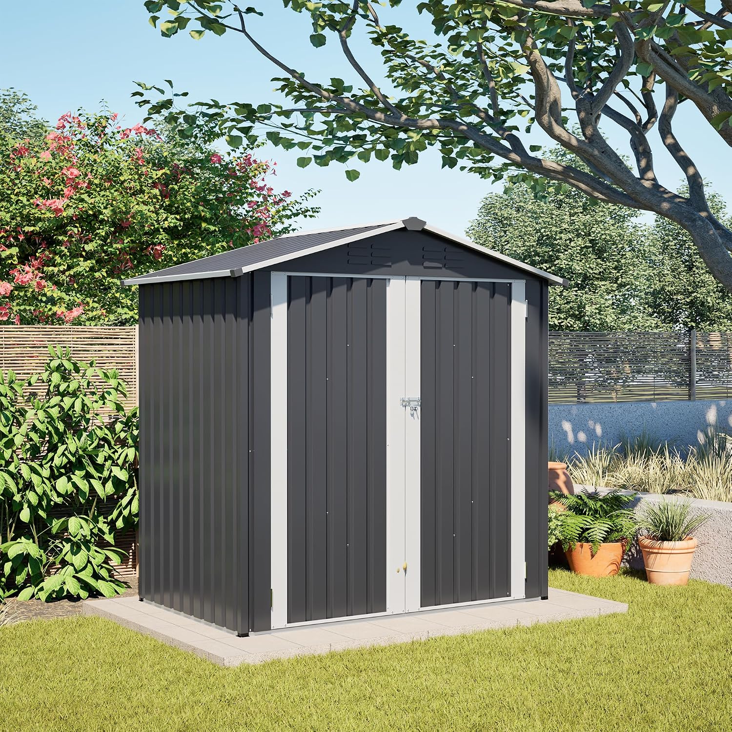 4×6 Ft Metal Outdoor Storage Shed with Floor Base, 0.25mm Galvanized Steel Metal Garden Shed Waterproof with Lockable Door for Backyard, Patio, Garden, Dark Grey