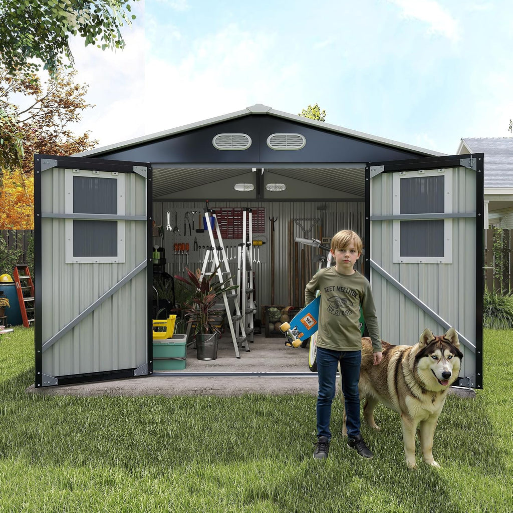 YOPTO 8x8 SF Outdoor Storage Shed,Metal Shed with Lockable Doors & 4 Daylight Windows,Garden Tool Shed w/Air Vents & Sloped Roof, Ideal for Backyard,Patio,Lawn,Dark Gray