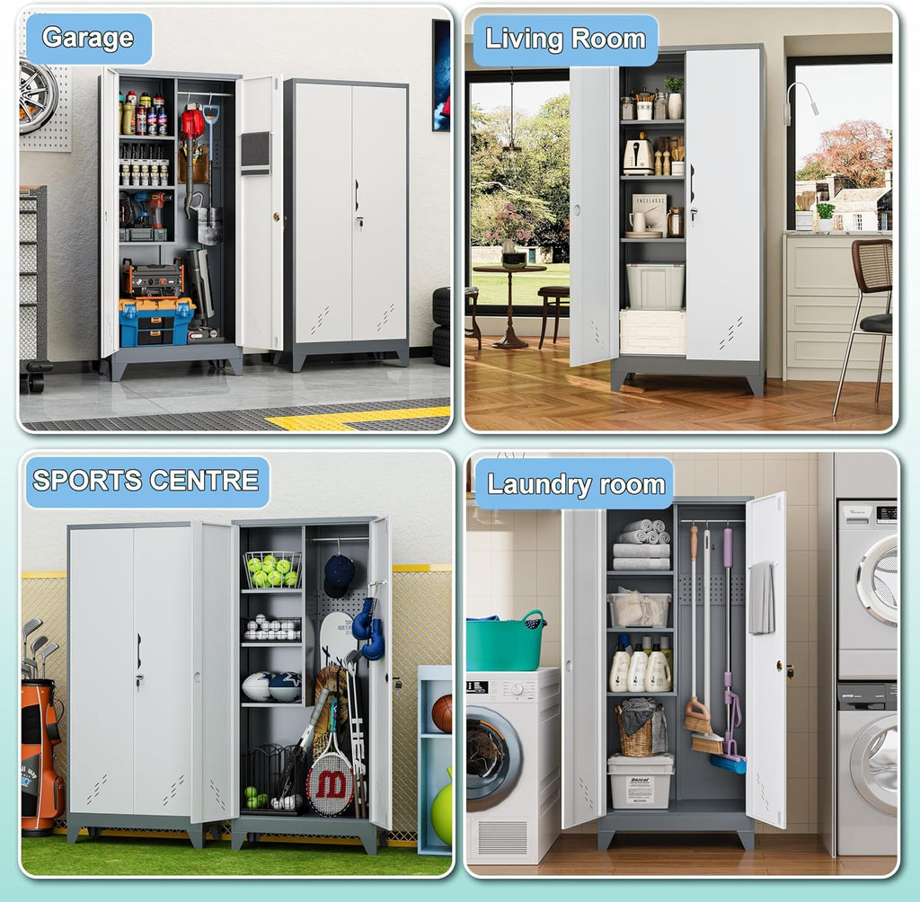 VASAAOSD 61' Broom Closet Storage Cabinet, Metal Storage Cabinet with Doors, Utility Cabinets for Brooms and Mops, Cleaning Tool Cabinets for Garage, Laundry Room, Bathroom (White)
