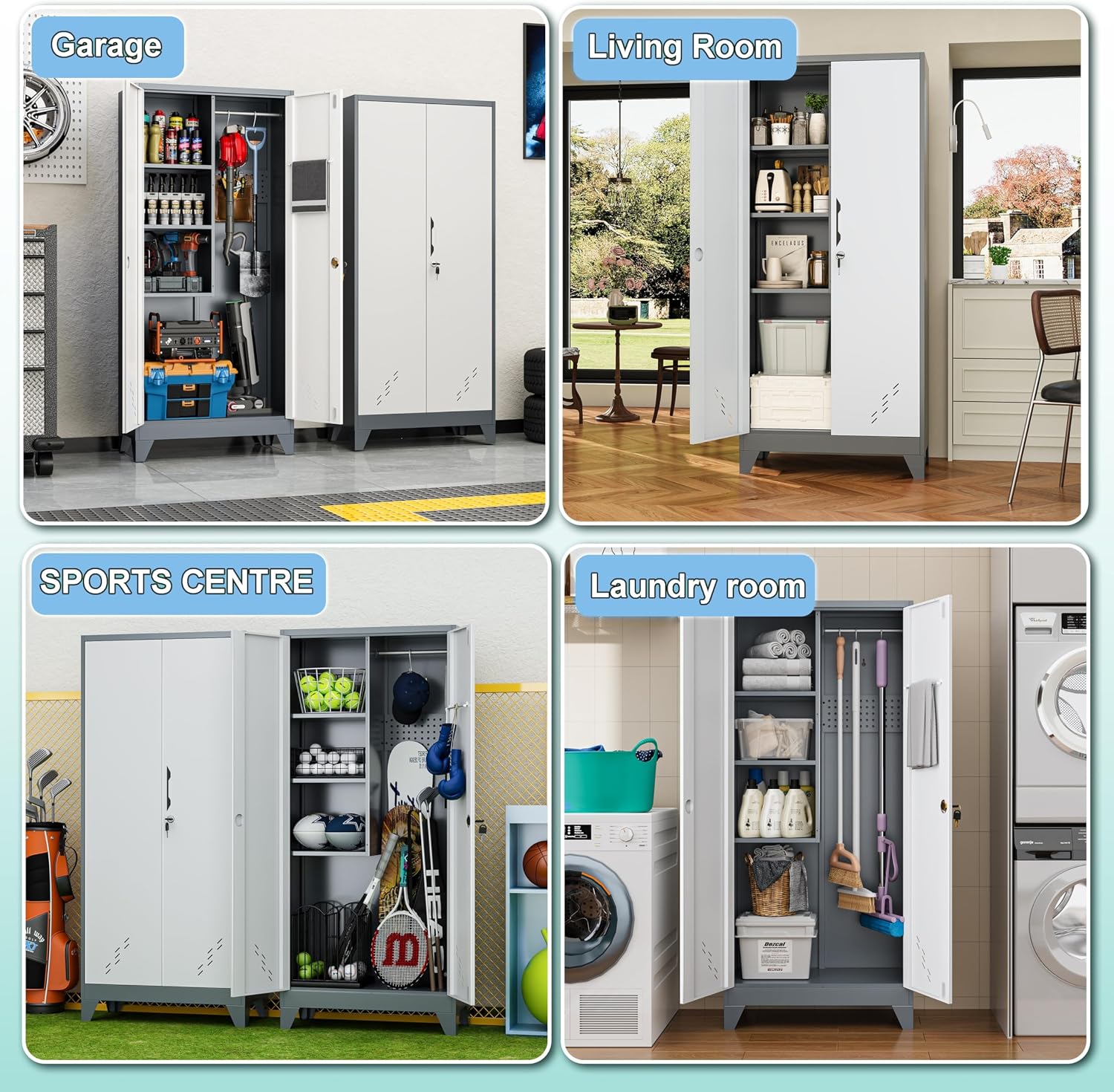VASAAOSD 61' Broom Closet Storage Cabinet, Metal Storage Cabinet with Doors, Utility Cabinets for Brooms and Mops, Cleaning Tool Cabinets for Garage, Laundry Room, Bathroom (White)