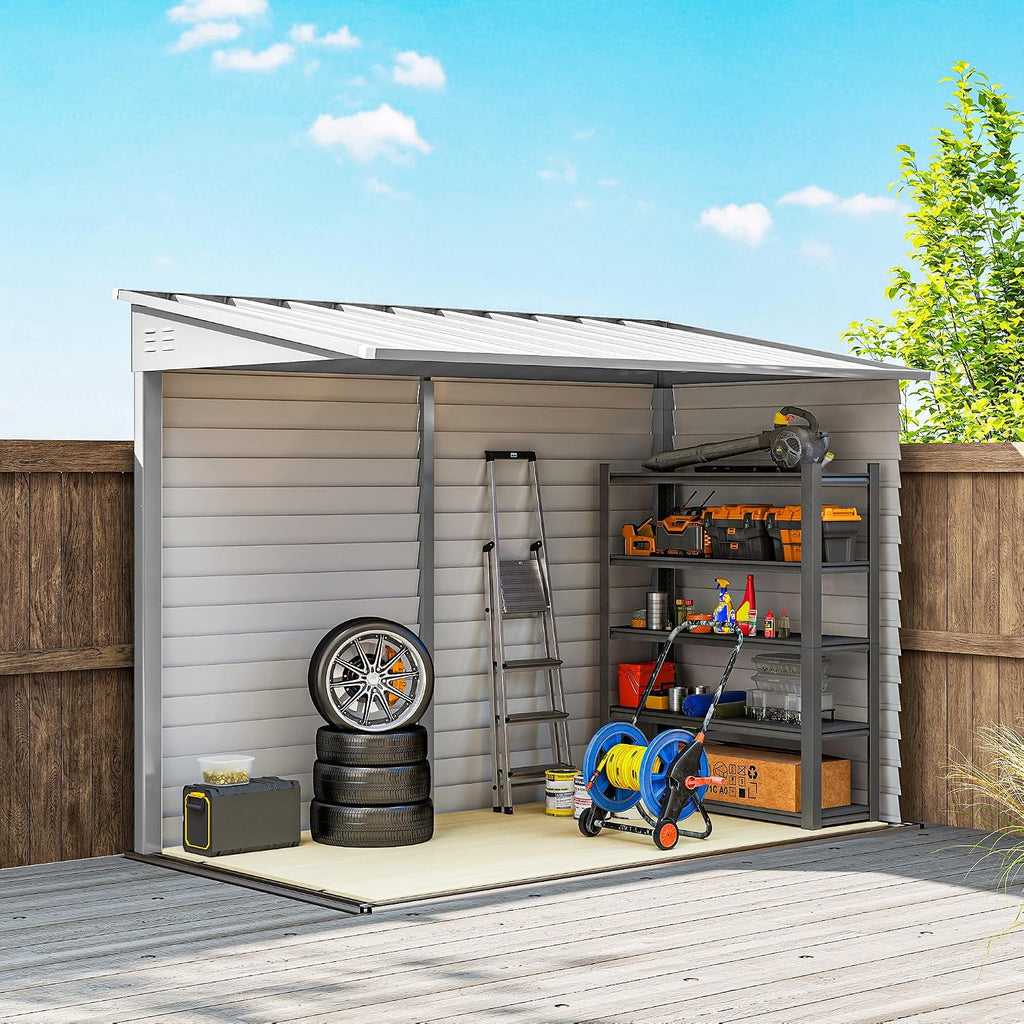 Outsunny 4.6' x 9' Steel Outdoor Storage Shed, Waterproof Lean to Shed, Metal Garden Tool House with Foundation Kit, Lockable Doors, Gloves and 2 Air Vents for Backyard, Patio, Lawn, White