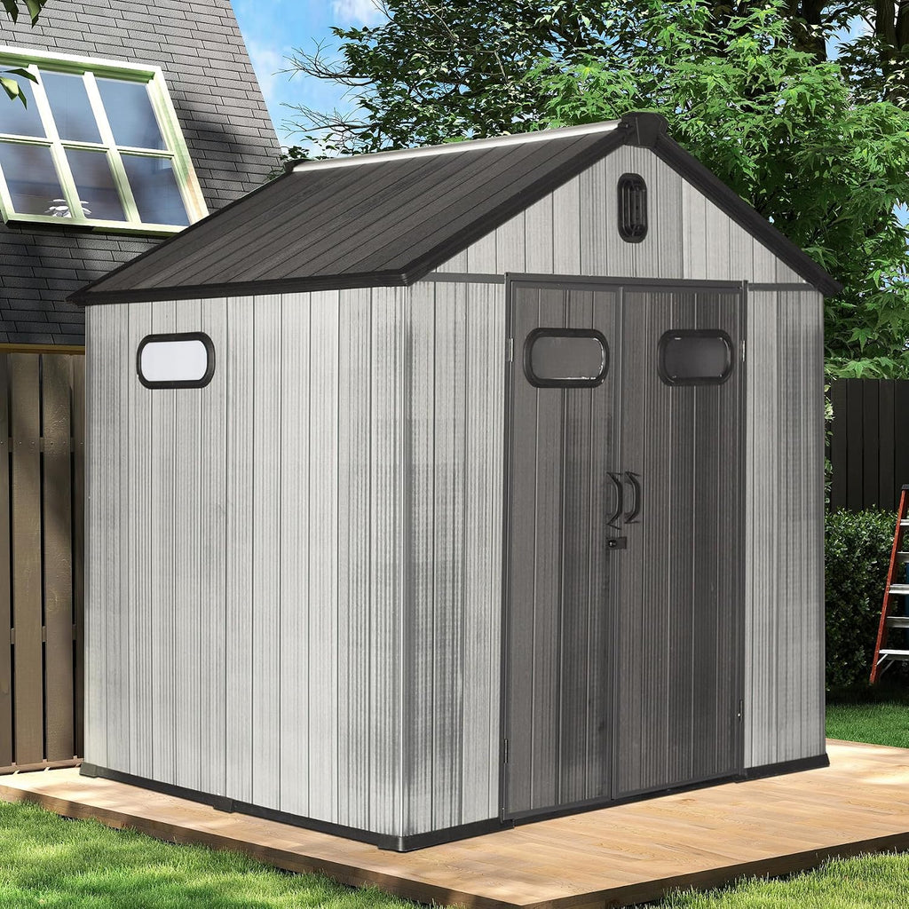 Domi 8x8FT Resin Outdoor Storage Shed with Lockable Door, Waterproof Outside Sheds with Windows & Vents, Heavy-Duty Plastic Tool Storage Shed for Patio Furniture, Lawn Mower, Bike