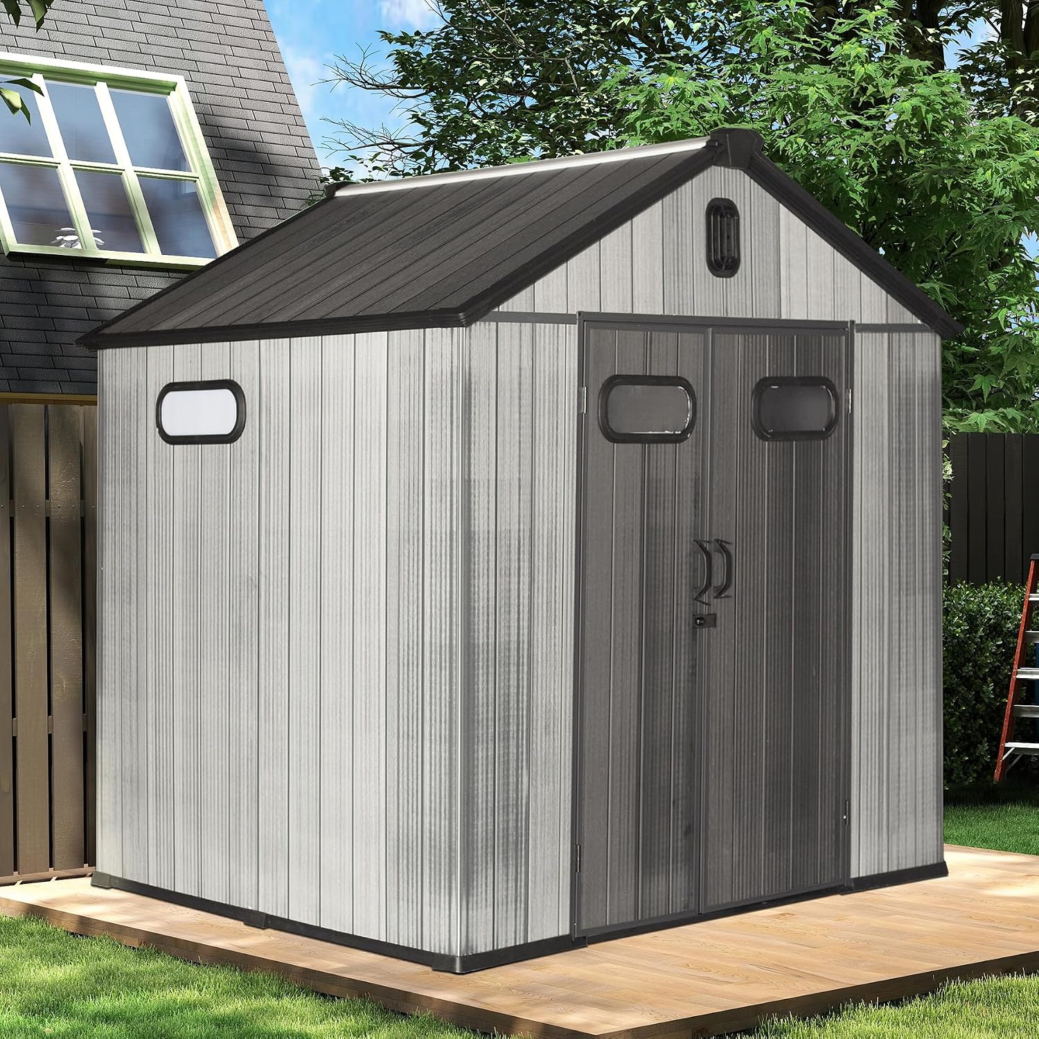 Domi 8x8FT Resin Outdoor Storage Shed with Lockable Door, Waterproof Outside Sheds with Windows & Vents, Heavy-Duty Plastic Tool Storage Shed for Patio Furniture, Lawn Mower, Bike