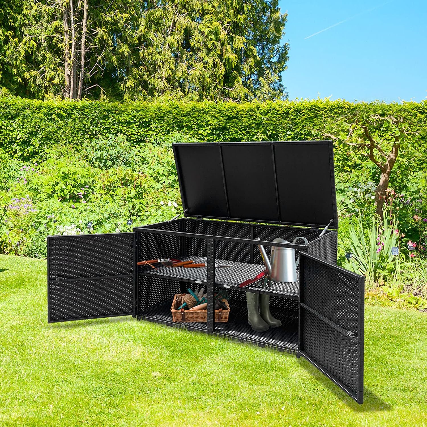 Giantex Rattan Deck Box Outdoor&Indoor 88 Gallon Wicker Storage Bench W/Separate Storage Shelf, Openable Door, Steel Fram, Tools Storage for Patio,Garden, Balcony, Porch, Yard Storage Box (Black)