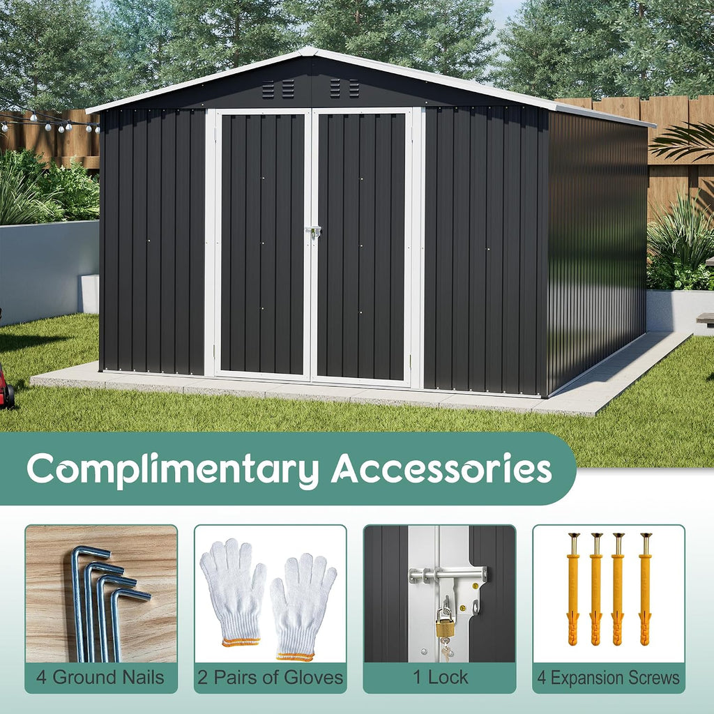 YOPTO 10x12 FT Outdoor Storage Shed,Metal Shed W/Updated Frame Structure,Garden Shed W/Lockable Door,2 Air Vents & Sloped Roof,for Backyard,Patio,Lawn,Black