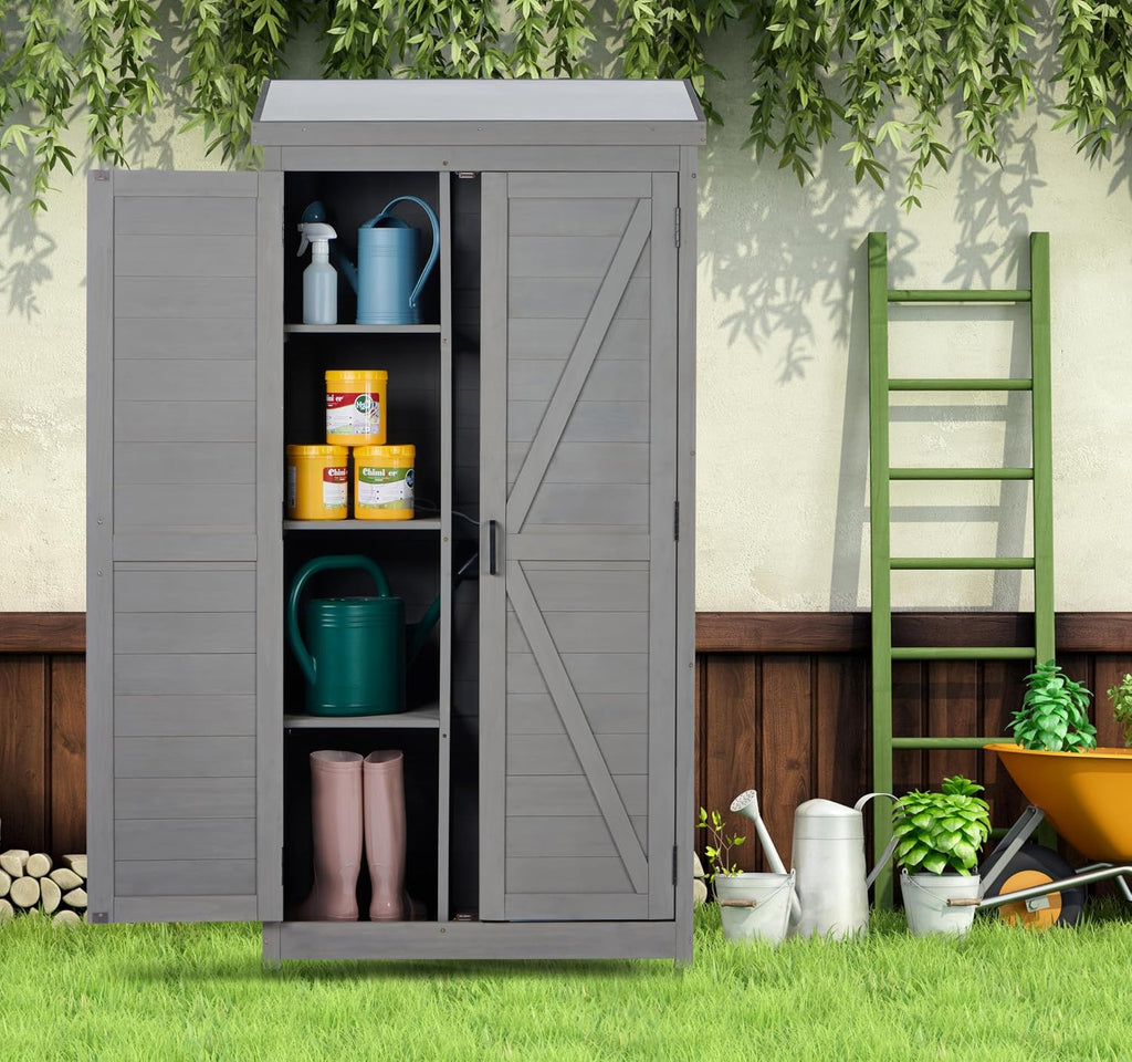 68''x33''x20'' Outdoor Wooden Storage Shed with Metal Top Tall Vertical Tool Cabinet for Backyard Garden Patio Lawn (Grey)