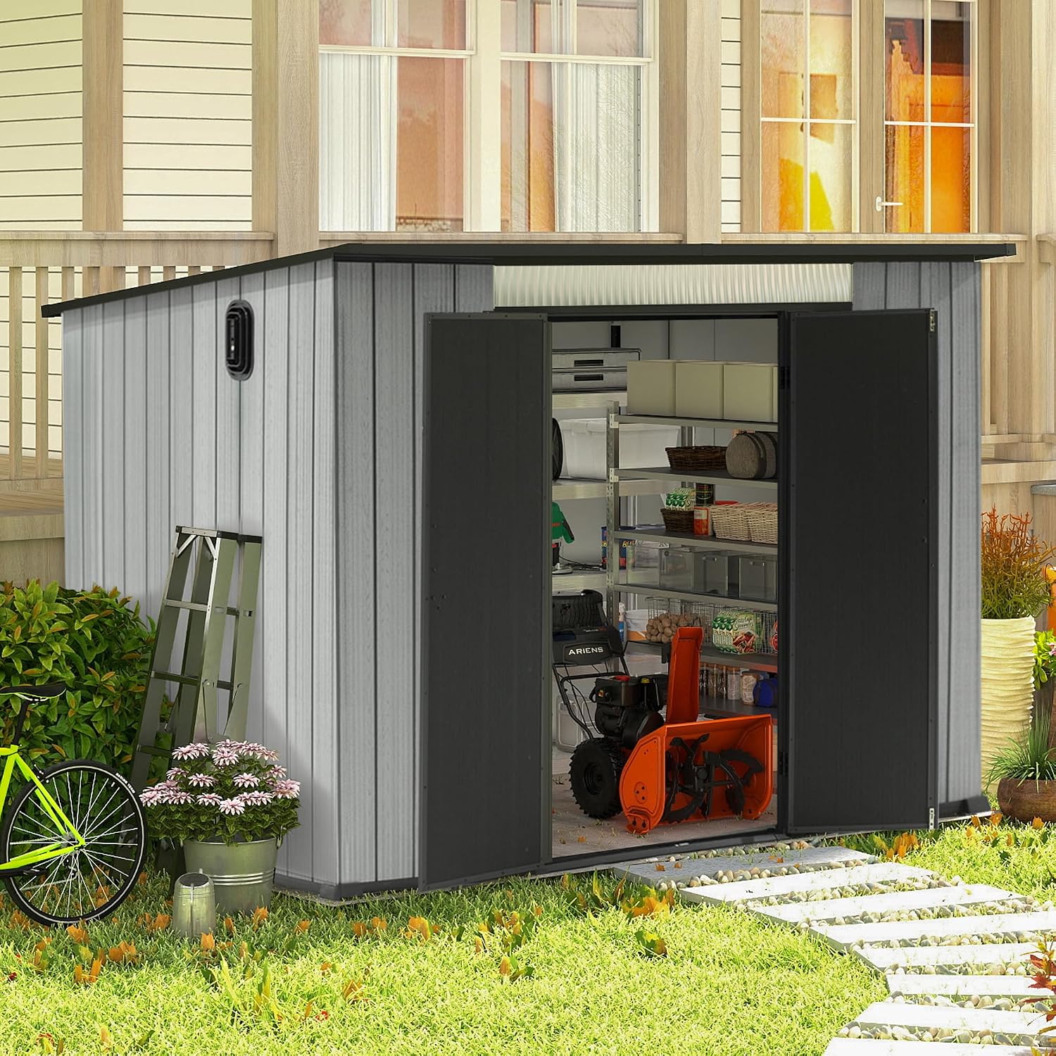 Domi 6.2x9.3 FT Outdoor Resin Storage Shed, All-Weather Double-Wall Storage Building with Sloping Roof for Backyard, Garden, Lawn Tools, Mower, Bike & Pool Equipment, Lockable Doors, Ventilated Roof