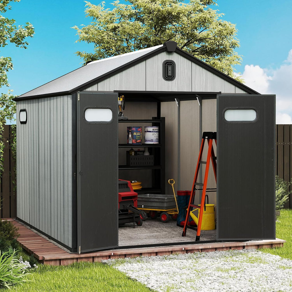 Domi 8' x12' Outdoor Resin Storage Shed with Lockable Door, Waterproof Outside Sheds with Windows & Vents, Heavy-Duty Plastic Tool Storage Shed for Patio Furniture, Lawn Mower, Bike