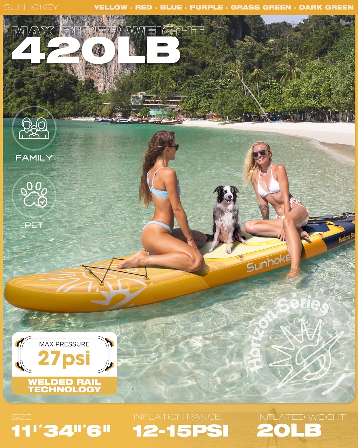 11'×34'' Extra Wide Inflatable Paddle Board with Seam Welded Technology, Stand Up Paddle Board, 420lb Capacity for Adults, Sup Board for All-Level with 2-Blade Paddle/Dual-Action Pump/Leash