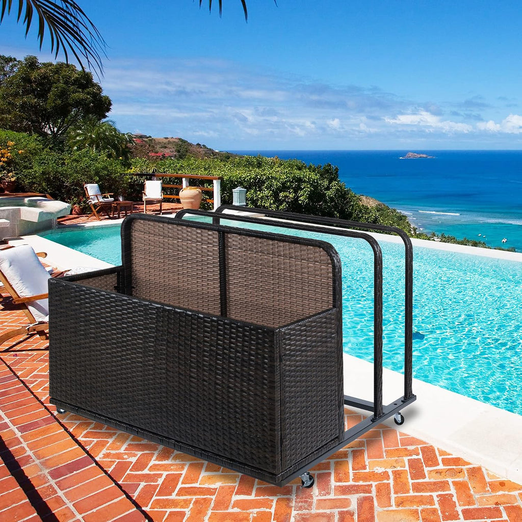 Double Layer Poolside Float Storage, Outdoor Storage, PE Rattan Outdoor Pool Caddy with Rolling Wheels for Floaties, Patio Poolside Float Storage Basket, Storage Box, Patio, Pool, Beach-Sturdy