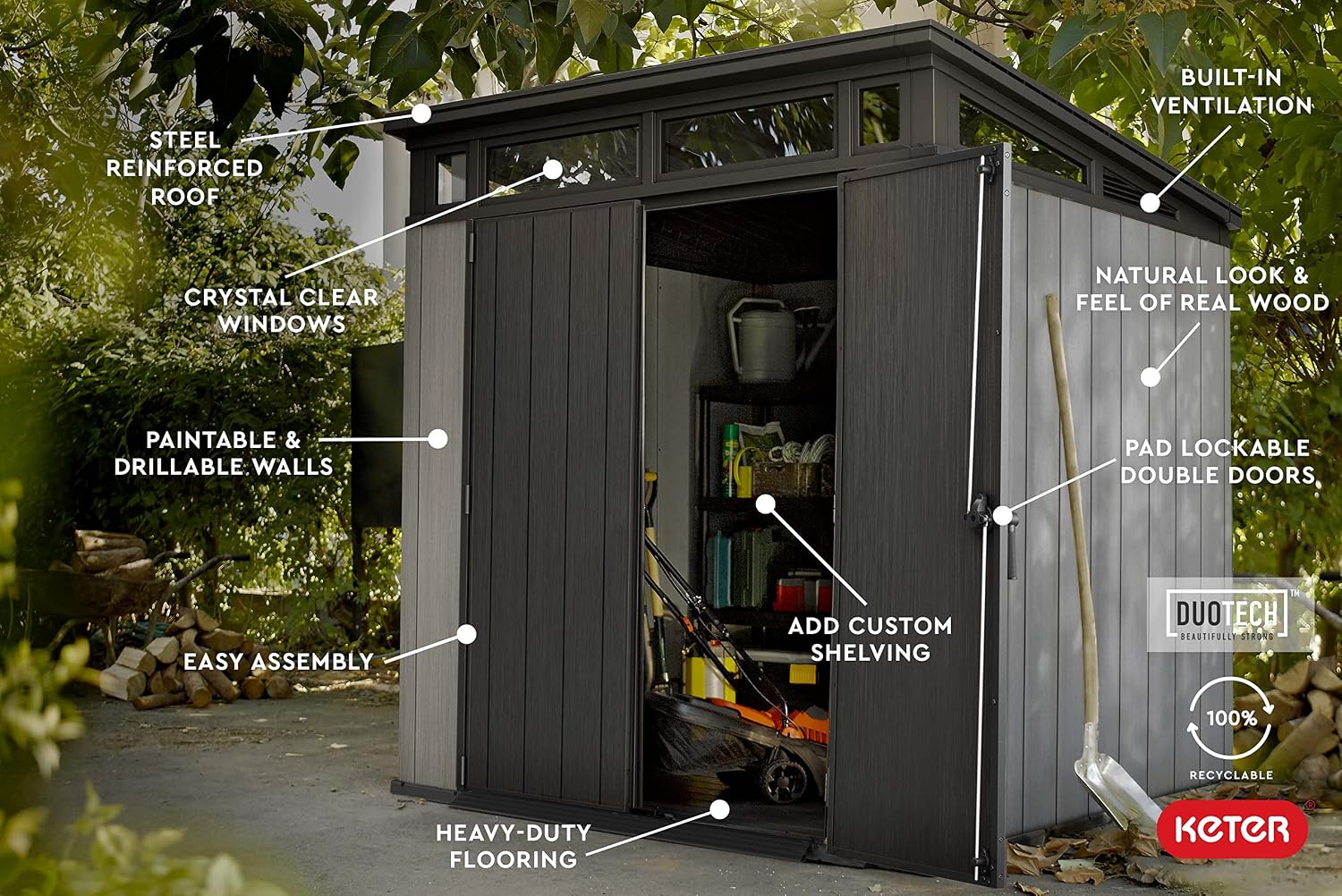 Keter Artisan 7 x 7 Foot Large Modern Design Outdoor Shed with Floor for Outdoor Furniture, Lawn Equipment, Bikes, and Gardening Tools, Gray