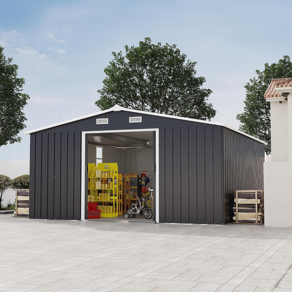 10x12 FT Outdoor Storage Shed, Large Metal Garden Shed with 2 Windows, Outside Tool Sheds with Lockable Sliding Doors, Waterproof Storage Building with 4 Air Vents for Backyard, Patio, Lawn, Dark Gray