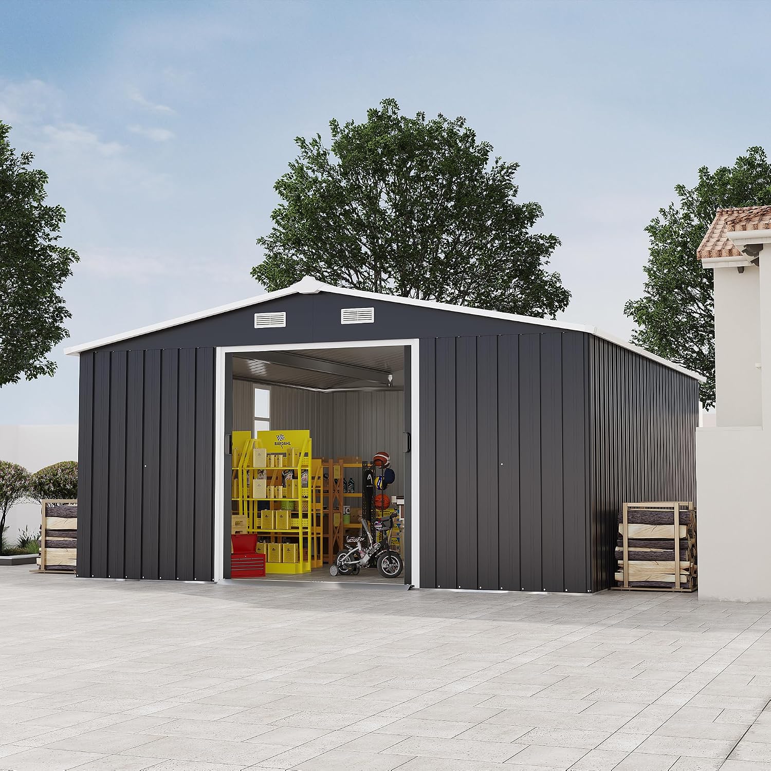 10x12 FT Outdoor Storage Shed, Large Metal Garden Shed with 2 Windows, Outside Tool Sheds with Lockable Sliding Doors, Waterproof Storage Building with 4 Air Vents for Backyard, Patio, Lawn, Dark Gray