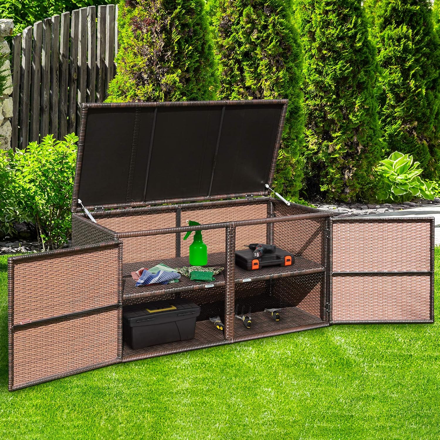 Giantex Rattan Deck Box 73 Gallon Wicker Storage Box W/Separate Storage Shelf, Openable Door, Steel Frame, Toys and Tools Organize for Yard, Garden, Balcony, Porch, Patio Rattan Storage Box (Brown)