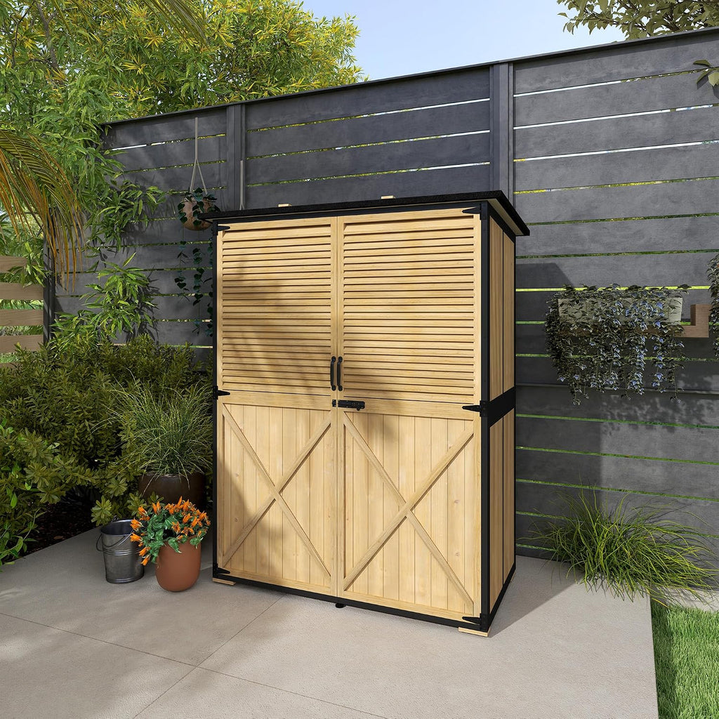 Outsunny Outdoor Storage Cabinet, Wood Garden Tool Shed with Lock, Steel Frame and Asphalt Roof, Garden Storage Shed with Adjustable Shelves and Feet for Patio Backyard Lawn, Natural