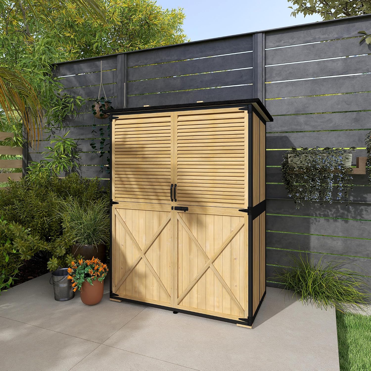 Outsunny Outdoor Storage Cabinet, Wood Garden Tool Shed with Lock, Steel Frame and Asphalt Roof, Garden Storage Shed with Adjustable Shelves and Feet for Patio Backyard Lawn, Natural