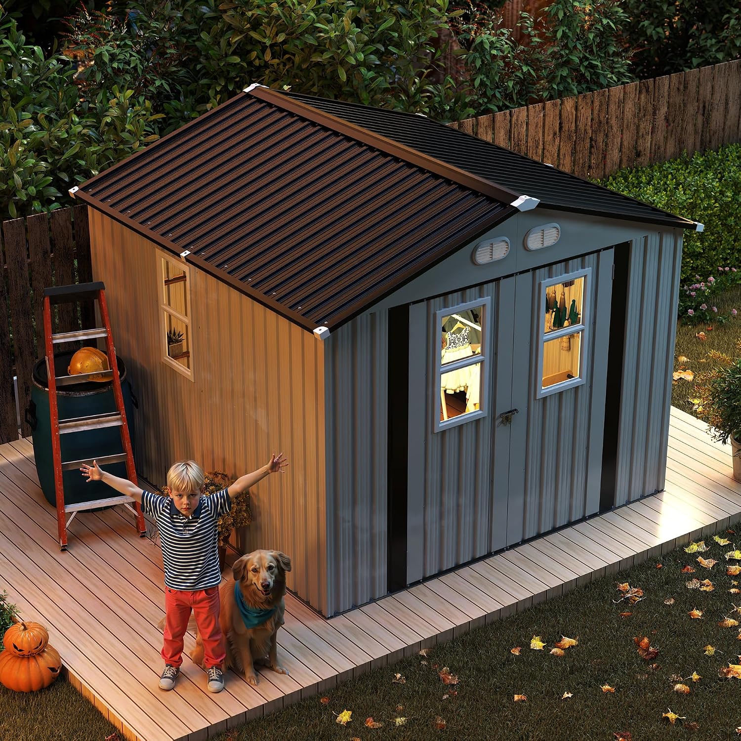 KEIKI 8x8 Outdoor Metal Storage Shed, Heavy-Duty Color Steel Construction with Protective Film, 4 Windows & Lockable Double Doors, Backyard Garden Utility Shed, White