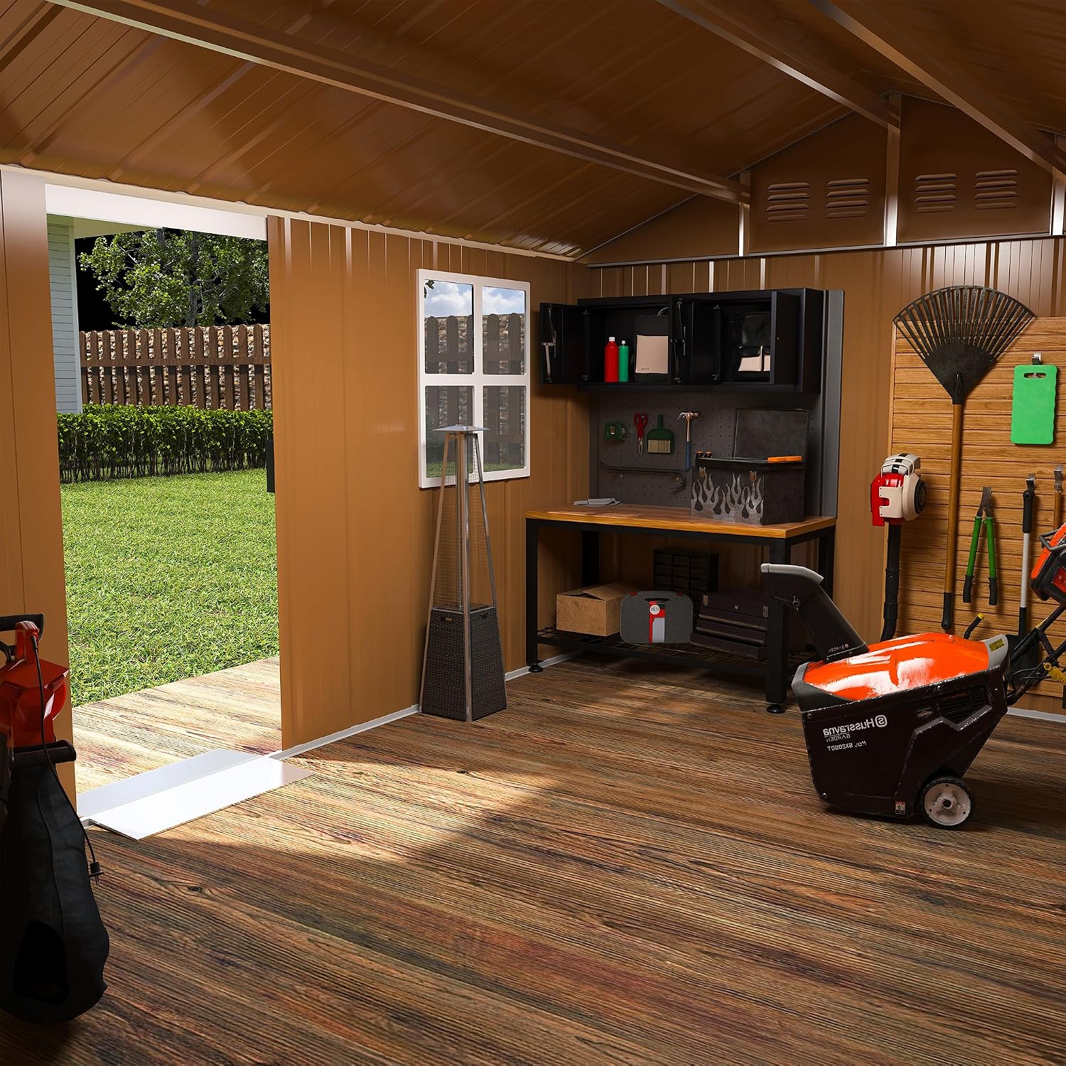 12x8 FT Heavy-Duty Metal Tool Shed with Windows, Lockable Door & Ventilation, Weatherproof Outdoor Garden Storage Shed for Backyard, Lawn, and Tool Organization, Brown