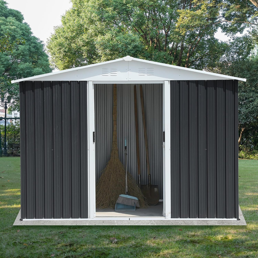 YOPTO 8x6 FT Outdoor Storage Shed,Metal Shed with Sliding Door & Air Vent,Garden Shed W/Sloped Roof,All Weather Waterproof Tool House for Backyard,Patio,Garage,Lawn,Grey