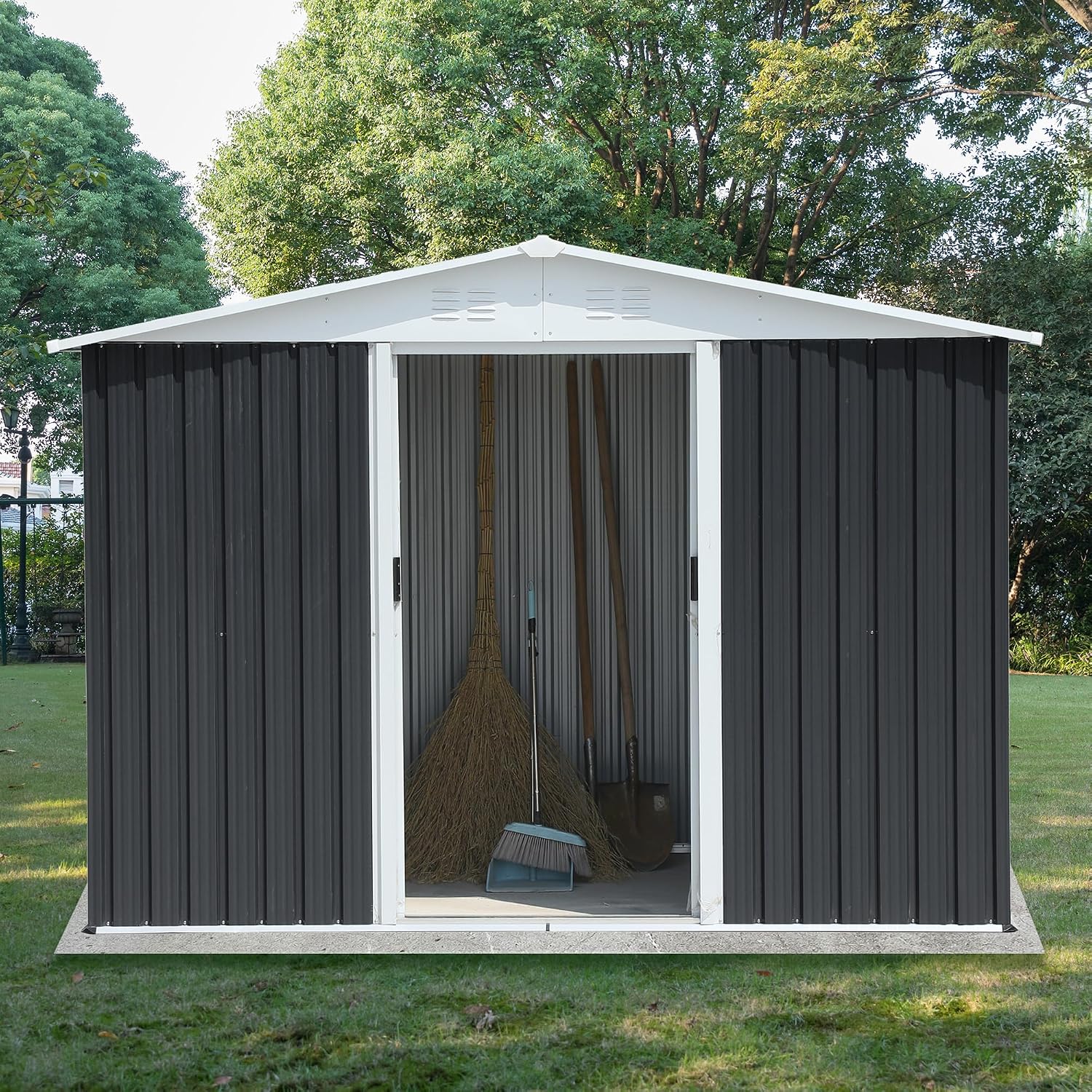YOPTO 8x6 FT Outdoor Storage Shed,Metal Shed with Sliding Door & Air Vent,Garden Shed W/Sloped Roof,All Weather Waterproof Tool House for Backyard,Patio,Garage,Lawn,Grey