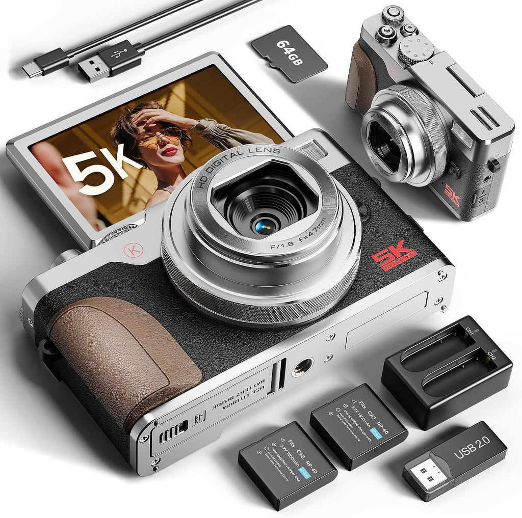 5K 64MP Digital Cameras for Photography - 18X Zoom Autofocus with 180° Flip Screen, 64GB Card & 2 Batteries, Travel Vlogging Camera for YouTube Beginners MC-US-K100C-BS-N5-A-2512