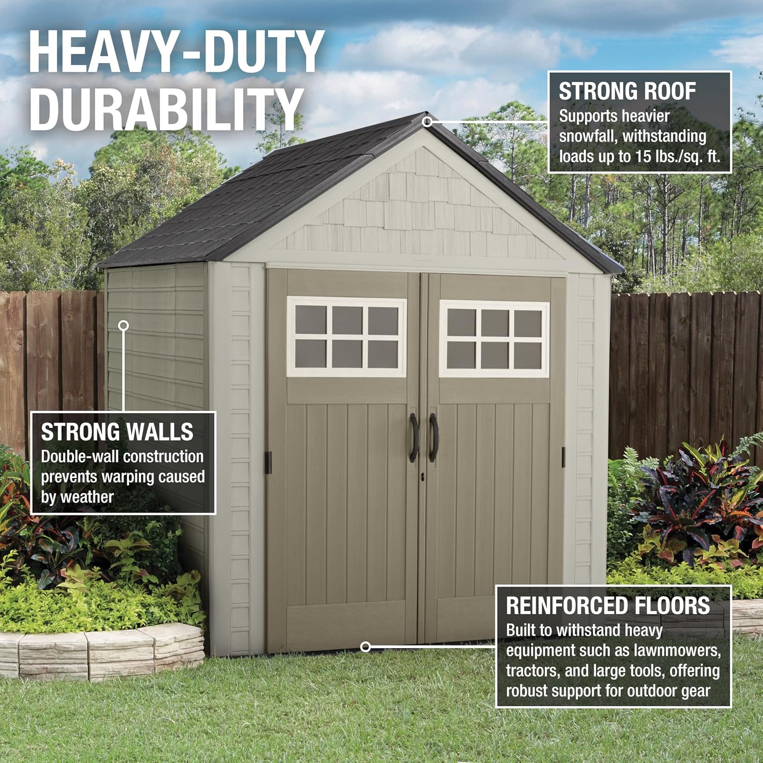 Rubbermaid 7 Foot by 7 Foot Weatherproof Outdoor Storage Shed for Garden Tools and Lawn Machinery Organization with Lockable Double Door Sandstone