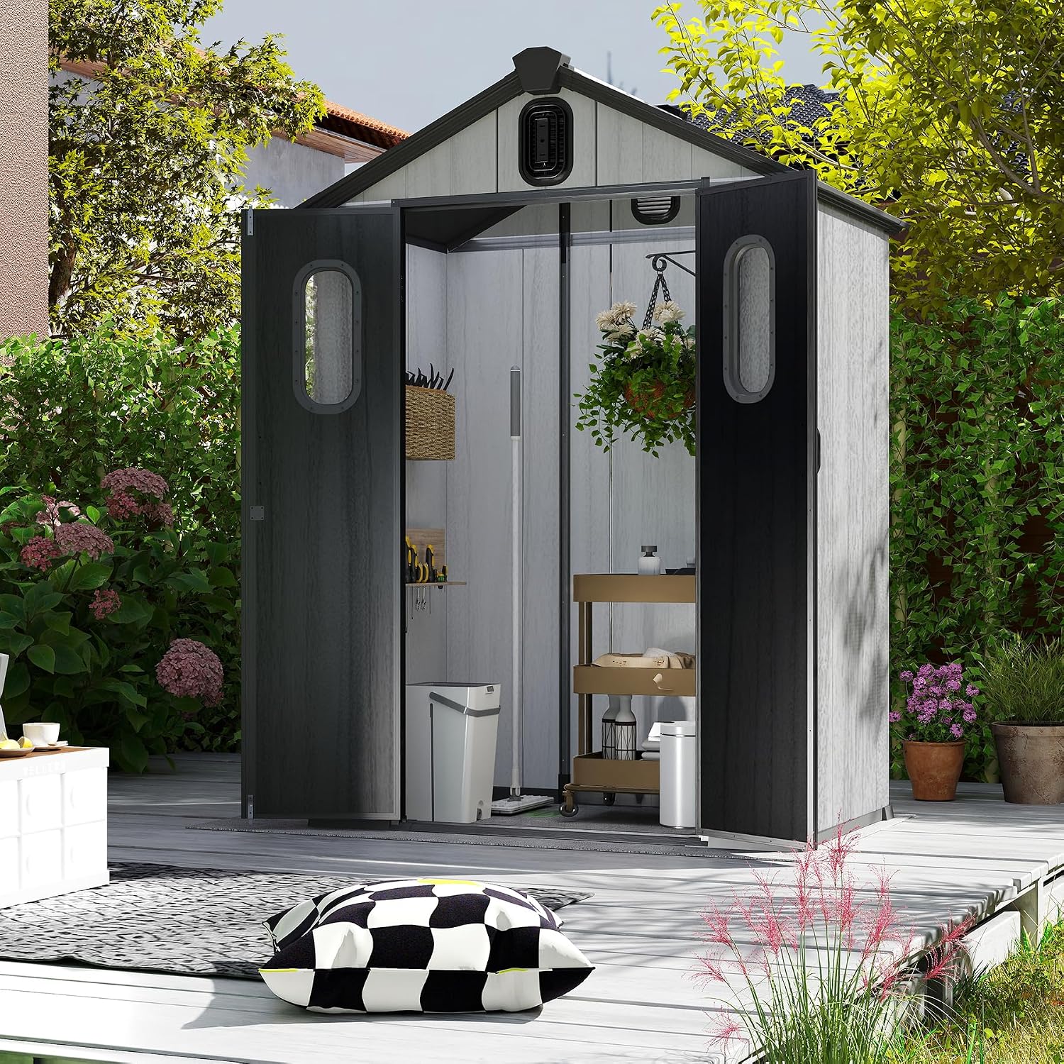 Domi 5x3Ft Resin Outdoor Storage Shed, Small Plastic Garden Shed with Carpet, Outside Weatherproof Storage Building for Tools, Bike, Lawn Mower, Patio, Backyard