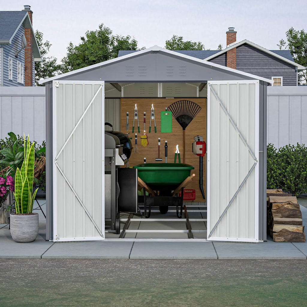 YOPTO 8x12 FT Outdoor Storage Shed W/Floor Frame,Metal Shed W/Double Lockable Doors,Garden Tool House W/ 2 Vents & Sloped Roof,for Backyard Patio Lawn,Gray