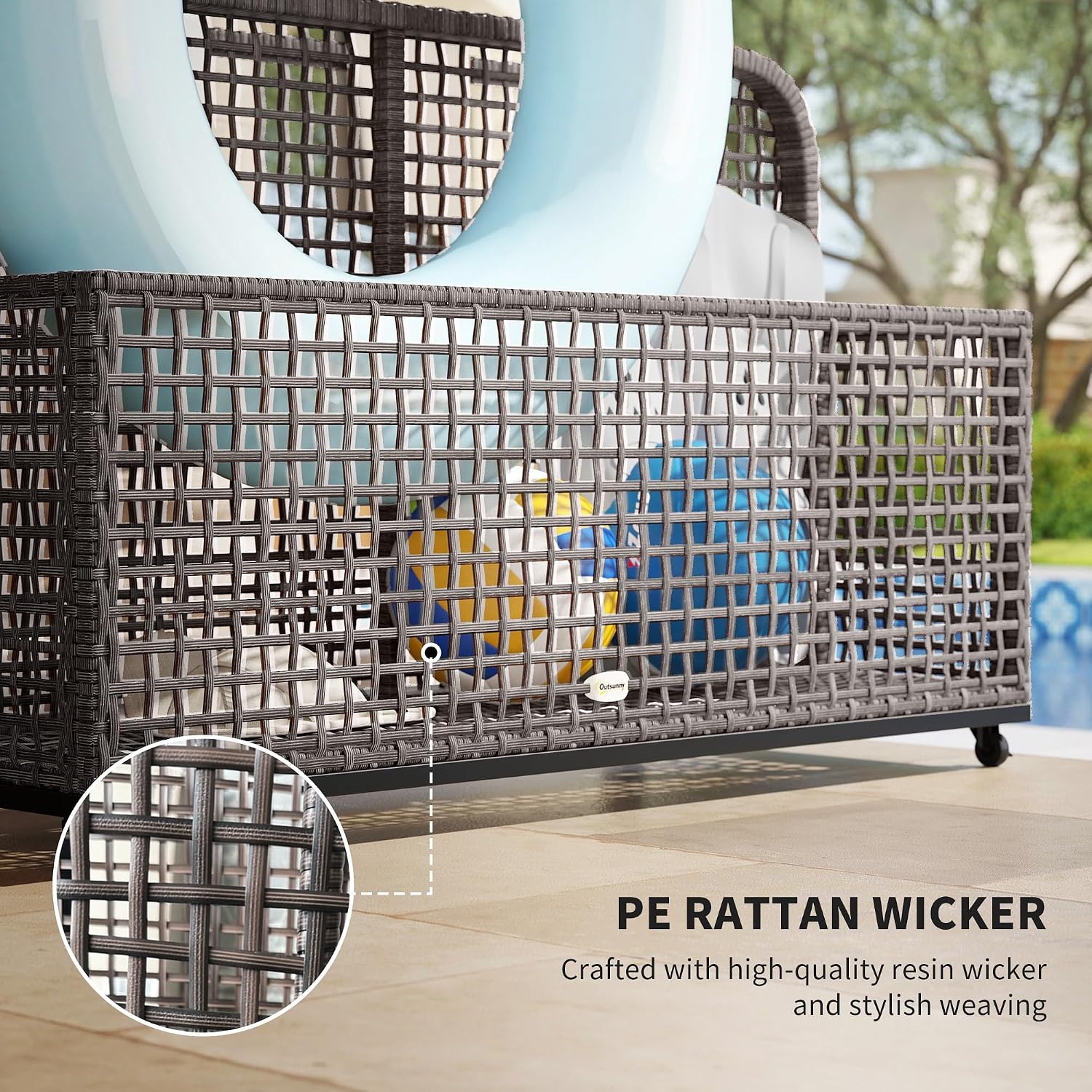 Outsunny Patio Wicker Pool Float Storage with Wheels, Outdoor Rolling PE Rattan Pool Caddy, Includes Compartment and Basket, for Pool, Garden, Deck, Light Gray
