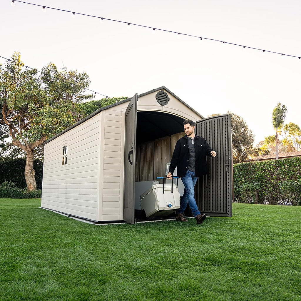 Lifetime Outdoor Storage Shed, 8x15 Ft, Desert Sand, Resin Backyard Tool Shed with Lockable Doors and Weather-Resistant Panels