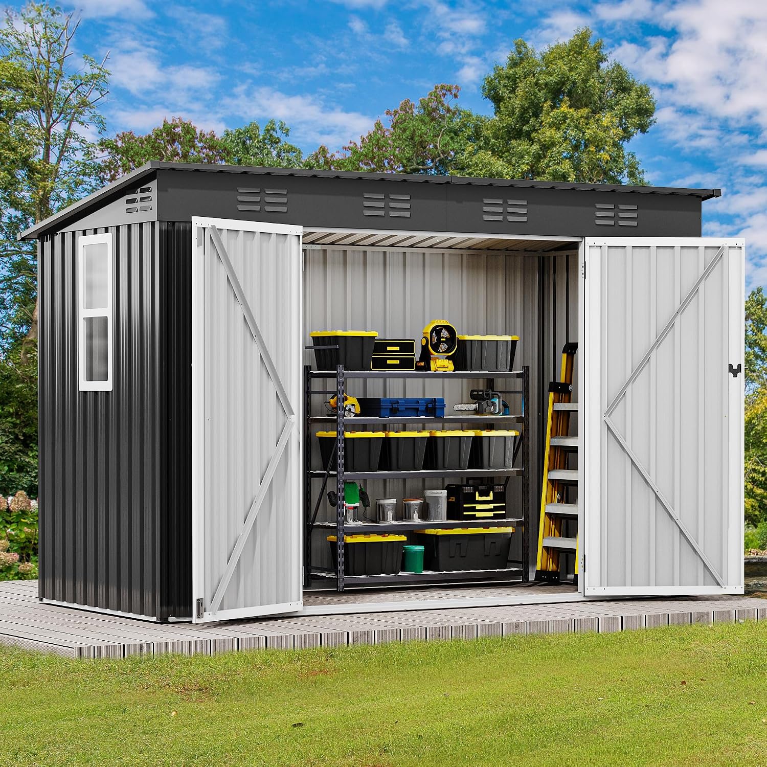 DWVO 9.1x4.2ft Large Tool Storage Shed with Window, Lockable Doors, and Sloped Roof, Oversized Steel Outdoor Storage Shed for Garden, Patio, Garage, Backyard, Lawn - Dark Gray
