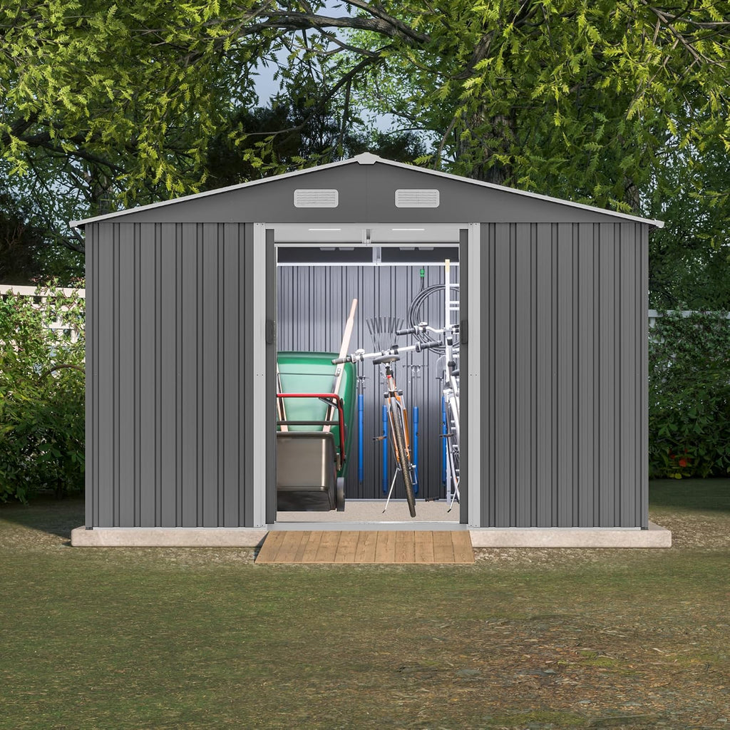 YOPTO 10X8 FT Outdoor Storage Shed W/Lockable Sliding Doors,Metal Shed W/Sloped Roof & Air Vents,All Weather Garden Tool House for Backyard Patio Lawn,Gray