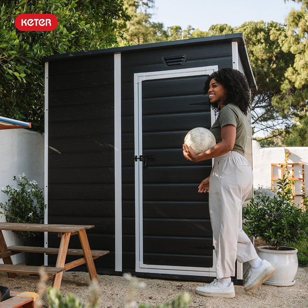 Keter Essential Shed 4x6 Resin Outdoor Storage Shed Ideal Storage for Patio Furniture, Garden Tools Bike Accessories, Beach Chairs and Lawn Mower, Black and White