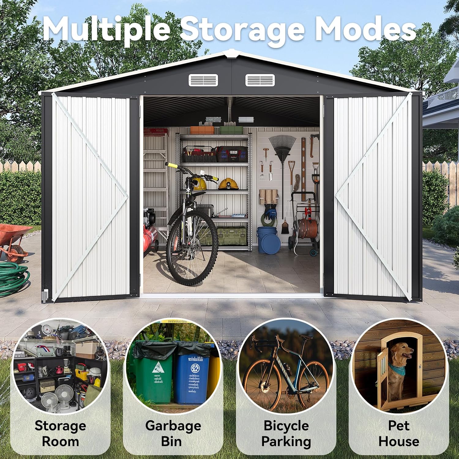 10x8FT Outdoor Storage Shed, Metal Garden Shed with Lockable Double Doors & Sloping Roof, Weather-Resistant Tool Shed for Backyard, Patio, Poolside Black