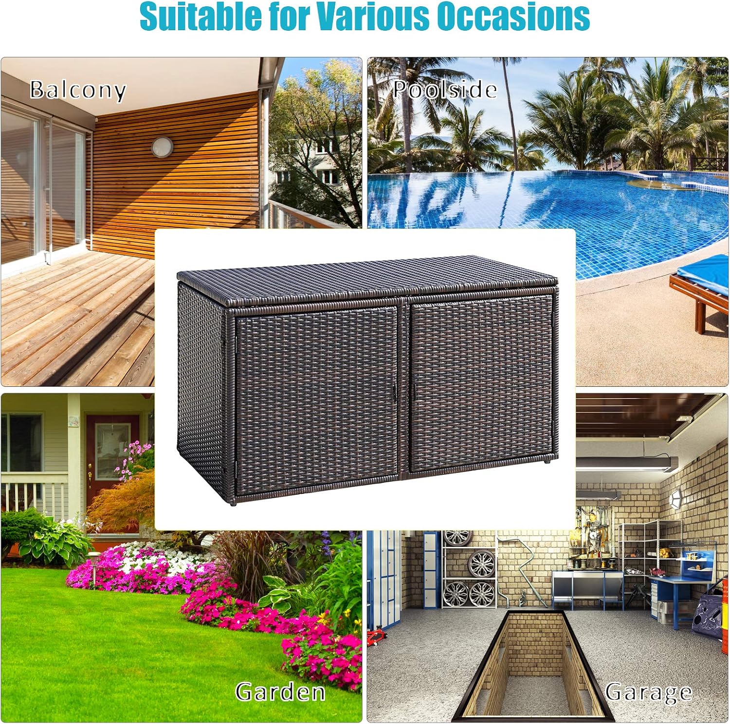 HAPPYGRILL Deck Box Outdoor Wicker Storage Box Cabinet 73 Gallon Storage Container Bin Box for Furniture Tools in Garden Balcony Porch Yard