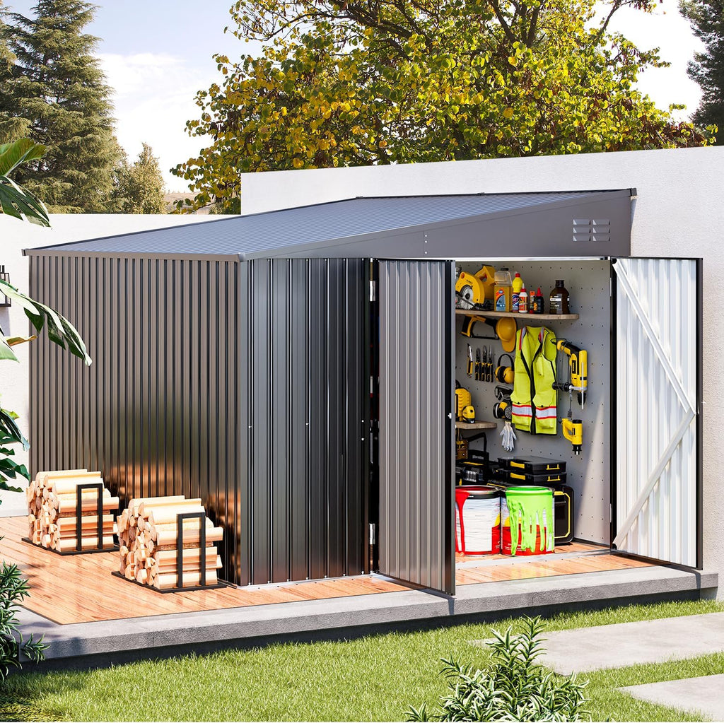 AECOJOY Shed Lean to Storage Shed, Large Outdoor 8' x 10' Metal Wall Side Bike Shed & Outdoor Storage, Garden Storage Cabinet for Backayrd, Patio and Outdoor Use in Dark Grey