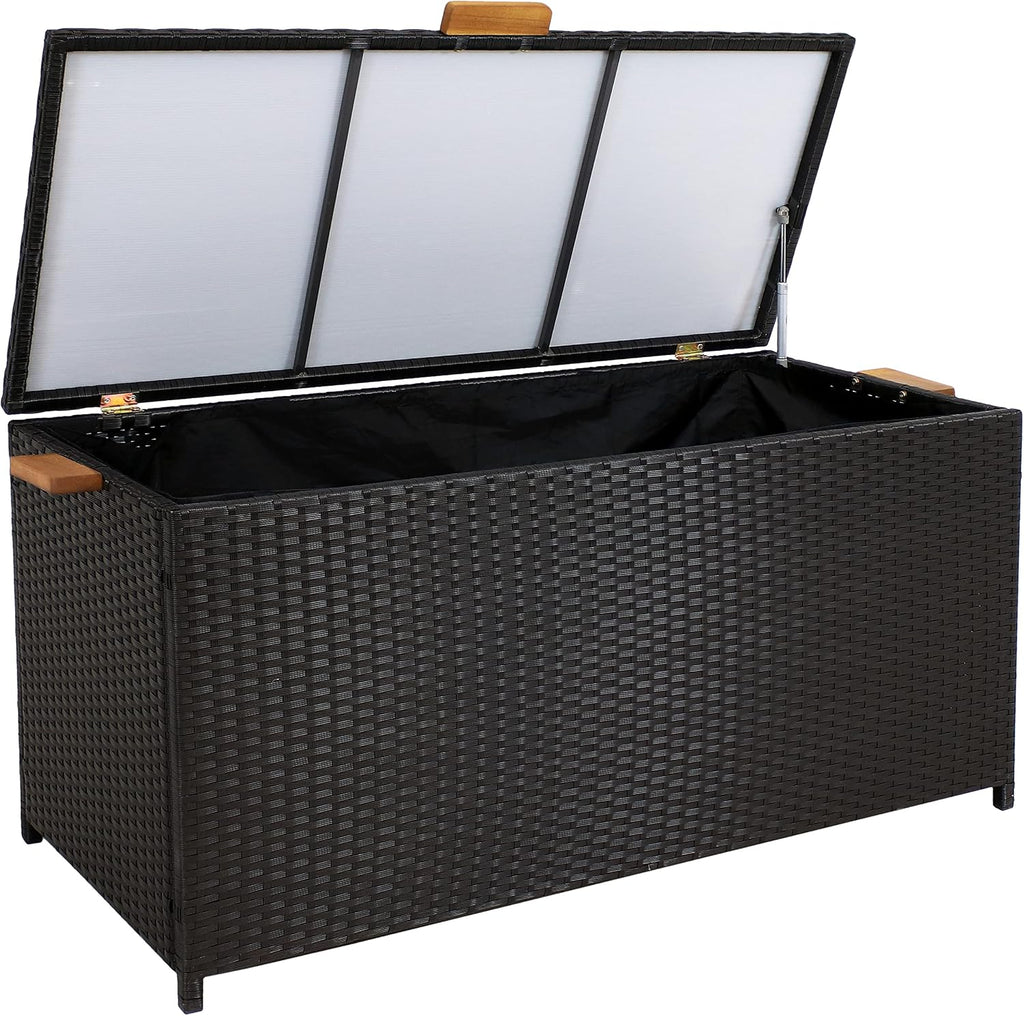 Sunnydaze Faux Wicker Storage Box - Outdoor Deck Box with Handles - 75-Gallon Front Door Package Delivery Box with Hinged Lid - Black