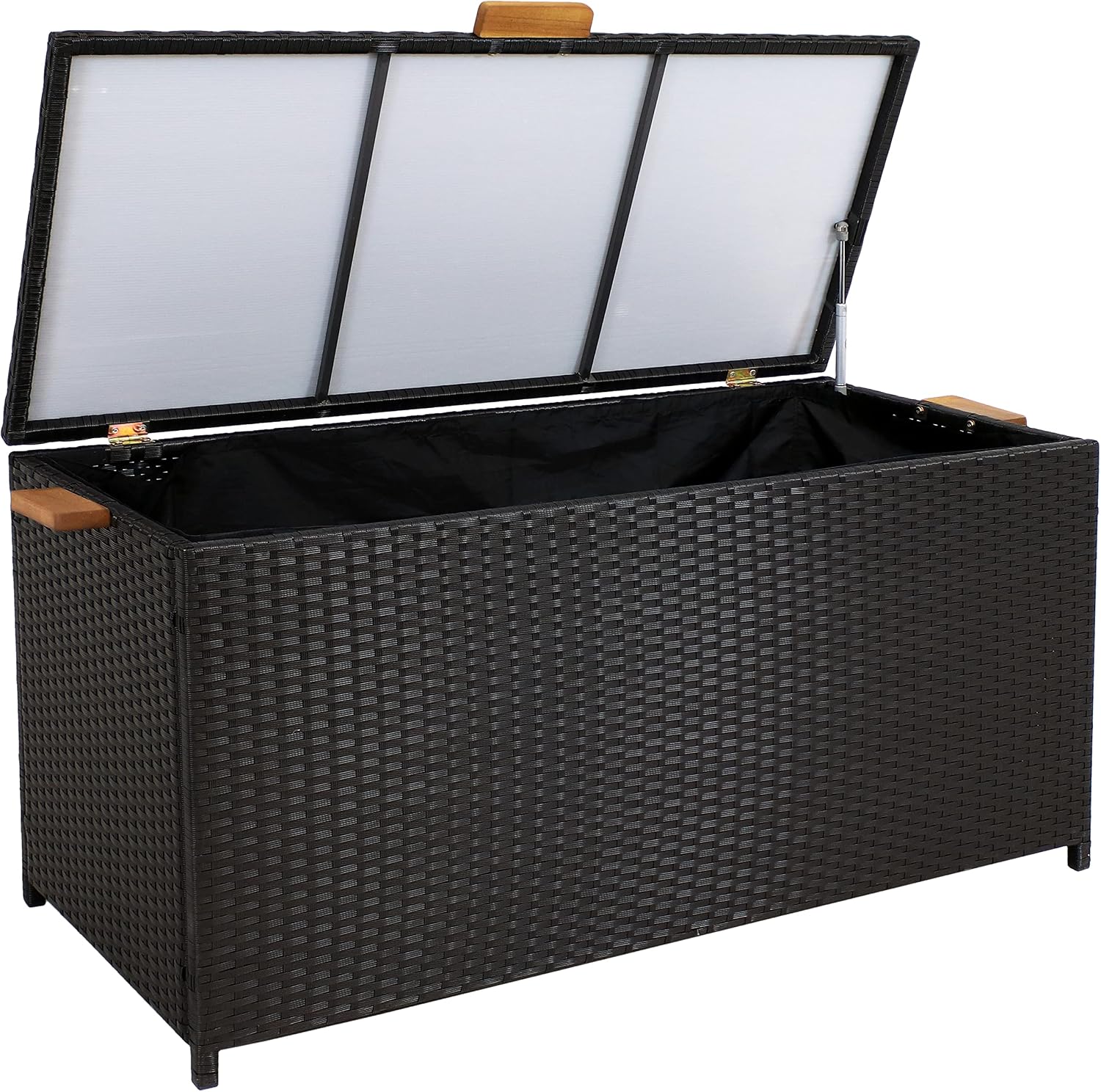 Sunnydaze Faux Wicker Storage Box - Outdoor Deck Box with Handles - 75-Gallon Front Door Package Delivery Box with Hinged Lid - Black